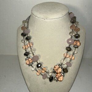 Vtg Crown Trifari Glass Beaded Pinks Greys Necklace &Bracelet Silver Tone Signed